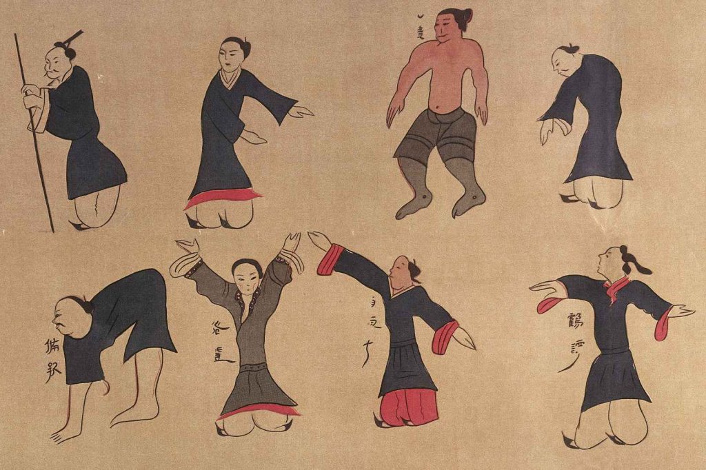 archaic illustration of figures practicing daoyin